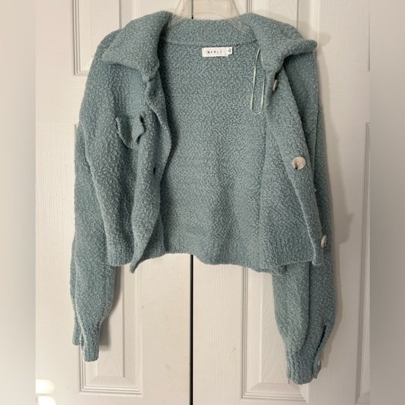 MABLE Cropped Sweater Knit Stretch Button Up Collared Pastel Blue Medium - Picture 8 of 12